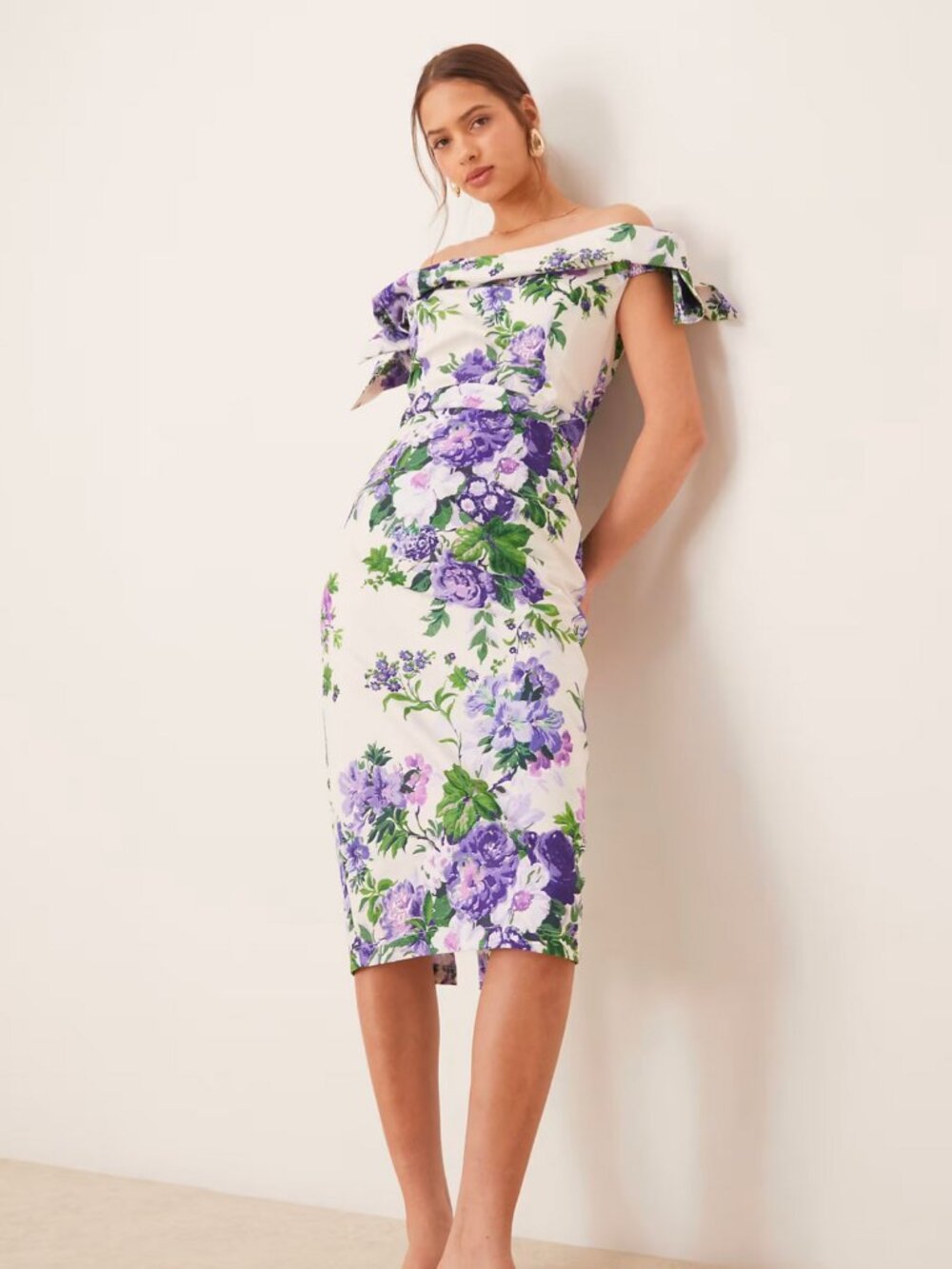 ASOS Hope & Ivy Off Shoulder Floral Pencil Midi Dress